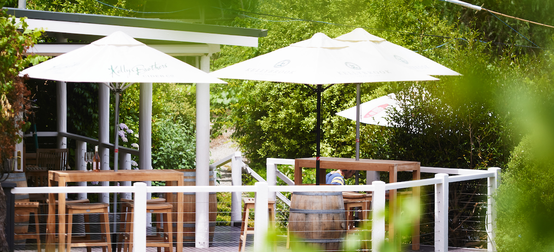 Tables on cellar door deck framed by vines